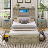 Hasuit Farmhouse Bed Frame Twin XL Size with 2 Storage Drawers, Wooden Platform Twin XL Bed with LED Lights and Charging Station, Rustic Headboard with Sliding Barn Door Storage Cabinets (Rustic Oak) Hasuit