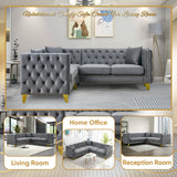 Velvet L Shaped Sofa Couch, Upholstered Sectional Couch with Tufted Back and Rivet Decoration, Modern 5 Seater Corner Sofa with Golden Tapered Legs and 3 Pillows, Comfy Couches for Living Room, Gray KINFFICT