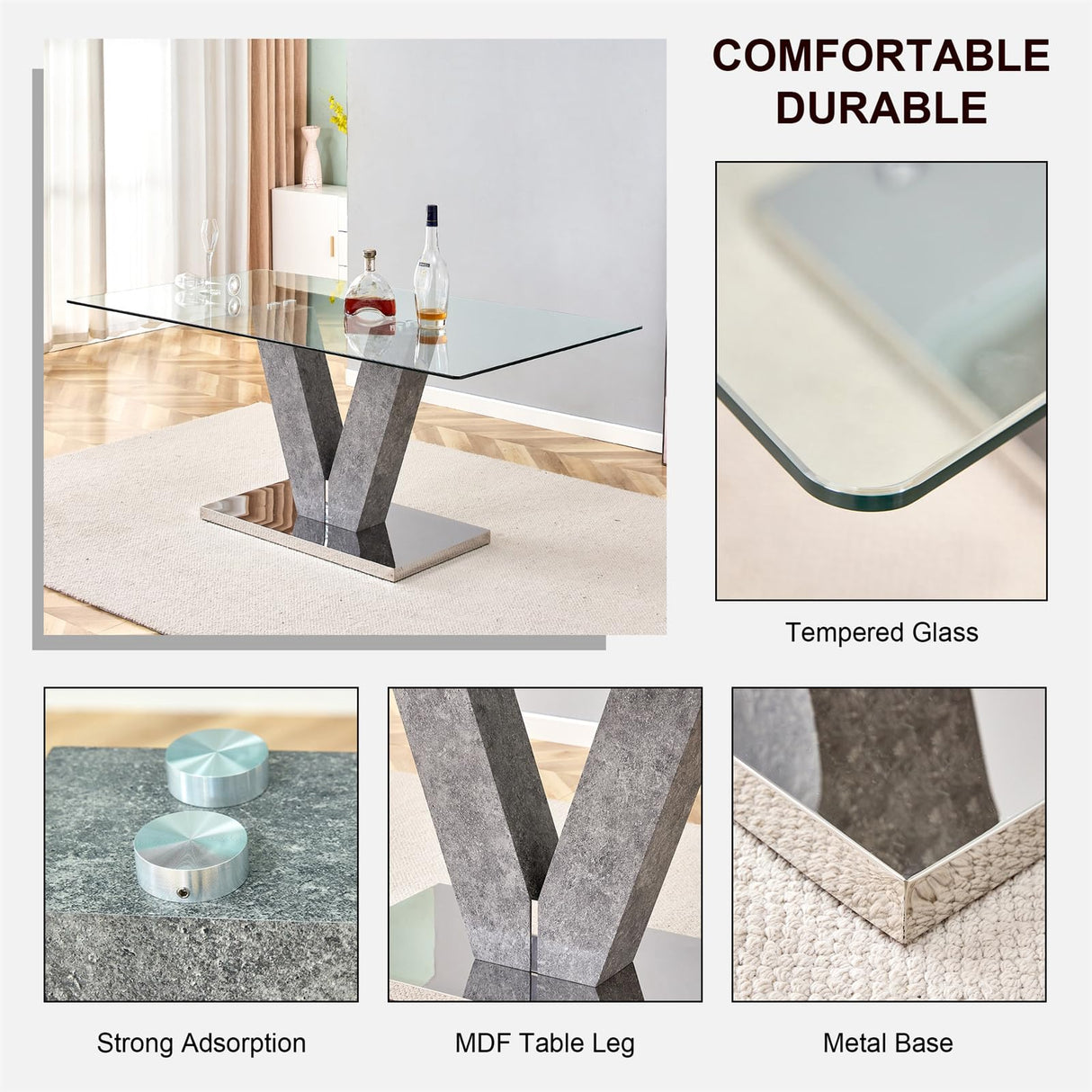 71" Glass Dining Table Set for 8, Kitchen Table and 8 PU Leather Chairs, Tempered Glass Top and MDF Base, 9-Piece Table Set Ideal for Living Room BAOPIN