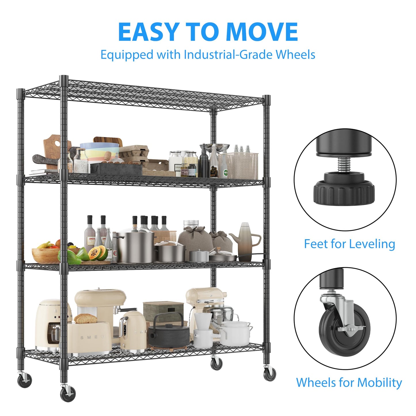 Homdox 60”W Storage Shelves, 4 Tier Heavy Duty Wire Shelving Unit with Wheels, 2400LBS Commercial Adjustable Metal Shelves for Storage, Garage Rack Pantry Shelves Kitchen Shelving, 24"x60"x72", Black