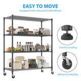 Homdox 60”W Storage Shelves, 4 Tier Heavy Duty Wire Shelving Unit with Wheels, 2400LBS Commercial Adjustable Metal Shelves for Storage, Garage Rack Pantry Shelves Kitchen Shelving, 24"x60"x72", Black Homdox