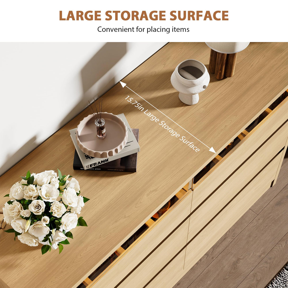 Jocoevol Modern 6 Drawer Dresser for Bedroom with LED Light, Large Chest of Drawers with Hidden Handles, Double Wooden Dresser Closet for Living Room, Entryway, Hallway - Natural Wood Jocoevol