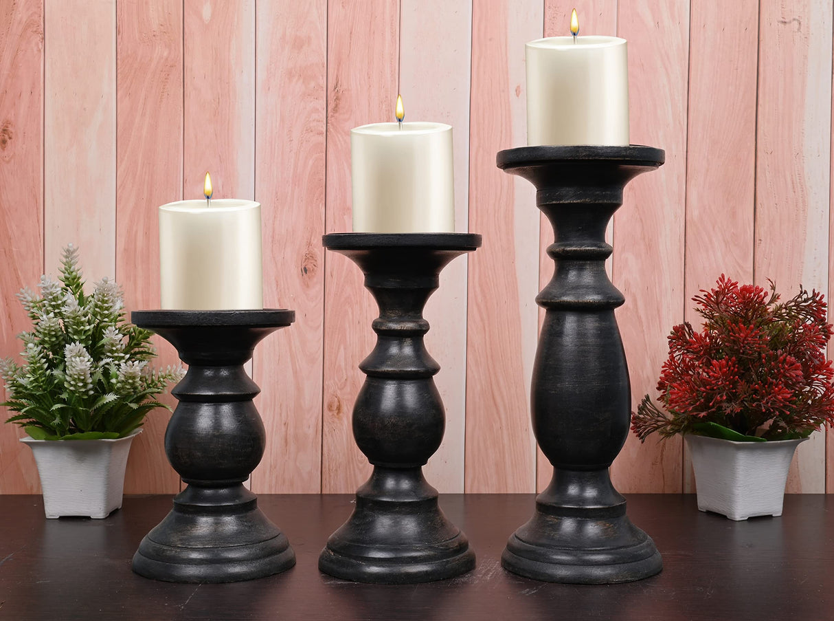 SAMHITA Set of 3 Farmhouse Mango Wood Candle Holders, in Black Finish for Table Centerpiece Candle for Any Room Decor Samhita