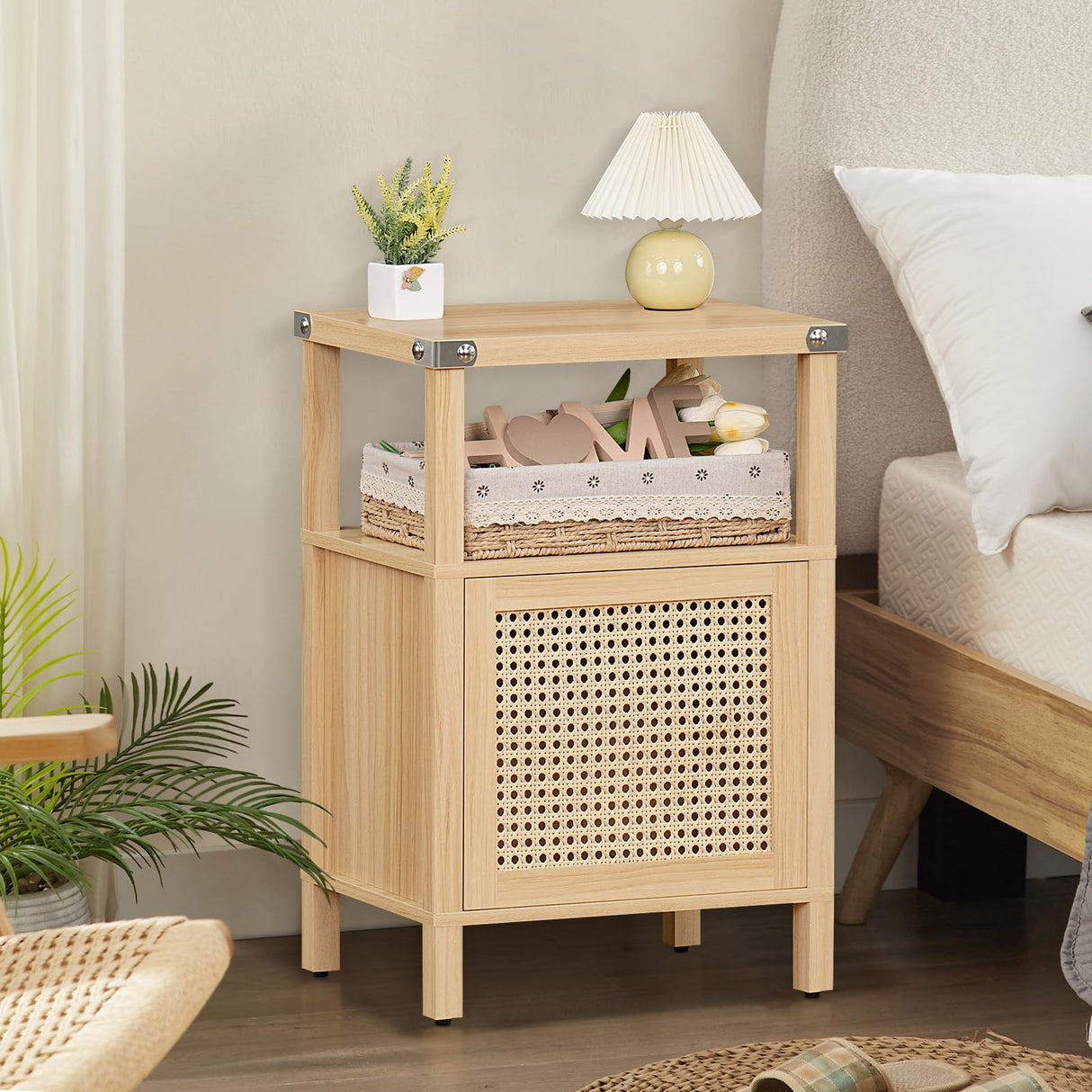 Lerliuo Rattan Nightstand, Boho Side End Table with Handmade Natural Rattan Decorated Door and Open Shelf, Wood Accent Night Stand with Storage, Bedside tables for Bedroom, Living Room (Natural) Lerliuo