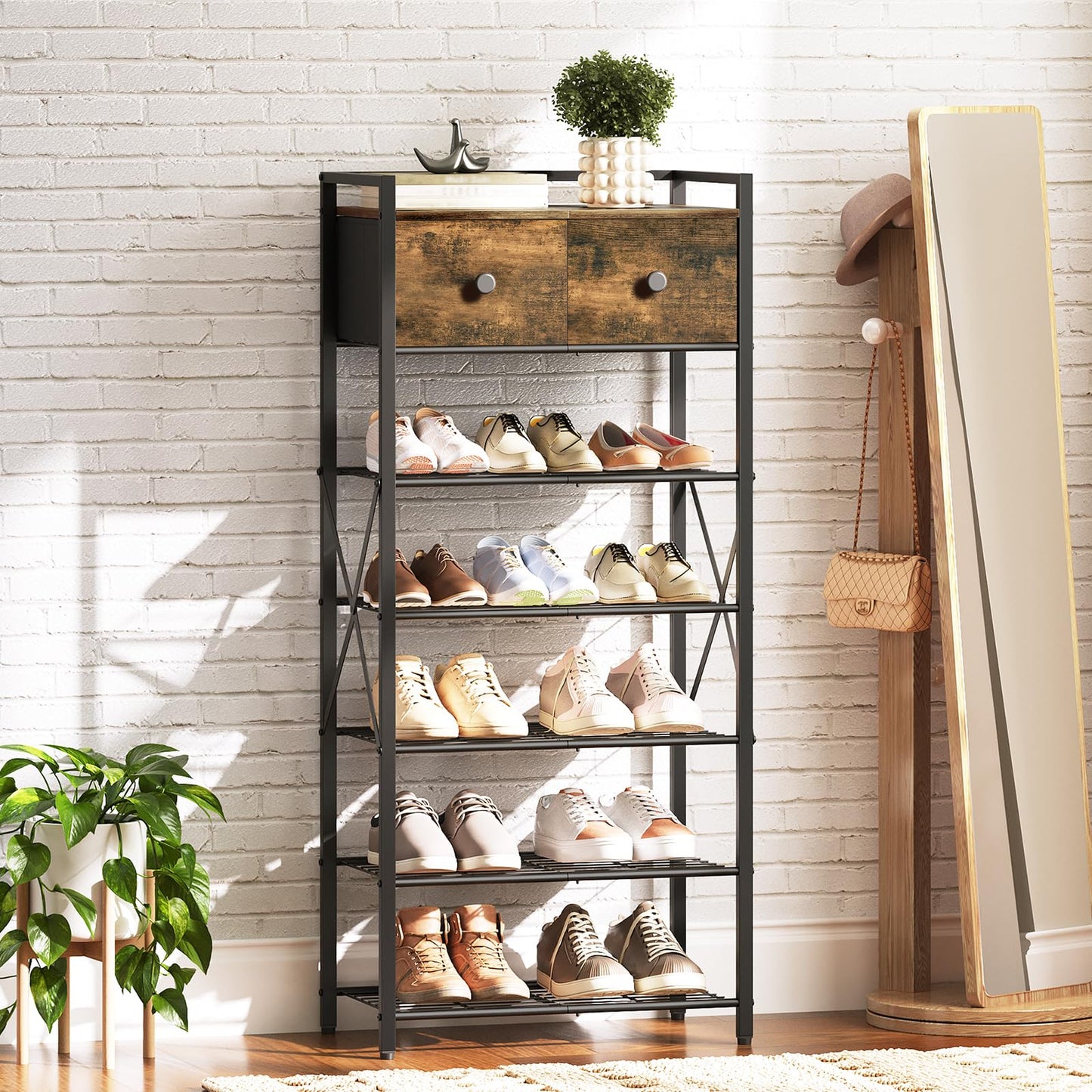 YATINEY Shoe Rack, 7-Tier Shoe Storage Organizer for Entryway, Free Standing Shoe Shelf with 2 Non-Woven Drawers, Metal Frame, for Closet, Hallway, Garage, Rustic Brown and Black SS07BR