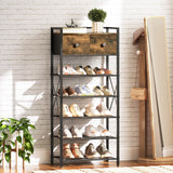 YATINEY Shoe Rack, 7-Tier Shoe Storage Organizer for Entryway, Free Standing Shoe Shelf with 2 Non-Woven Drawers, Metal Frame, for Closet, Hallway, Garage, Rustic Brown and Black SS07BR YATINEY