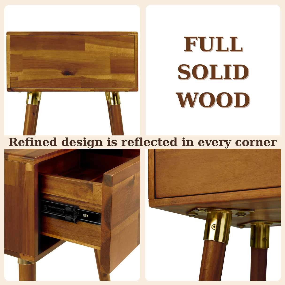 Bme Alden Solid Wood Nightstand/Side Table/End Table, Fully Assembled, with 1-Drawer for Mid Century Bedroom and Living Room, (12mm), Caramel Bme