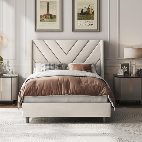 Yaheetech Twin Bed Frame Upholstered Platform Bed with Wing Side/Wooden Slat Support/Tufted Headboard with Wing Side/Mattress Foundation/No Box Spring Needed,Beige Twin Bed Yaheetech