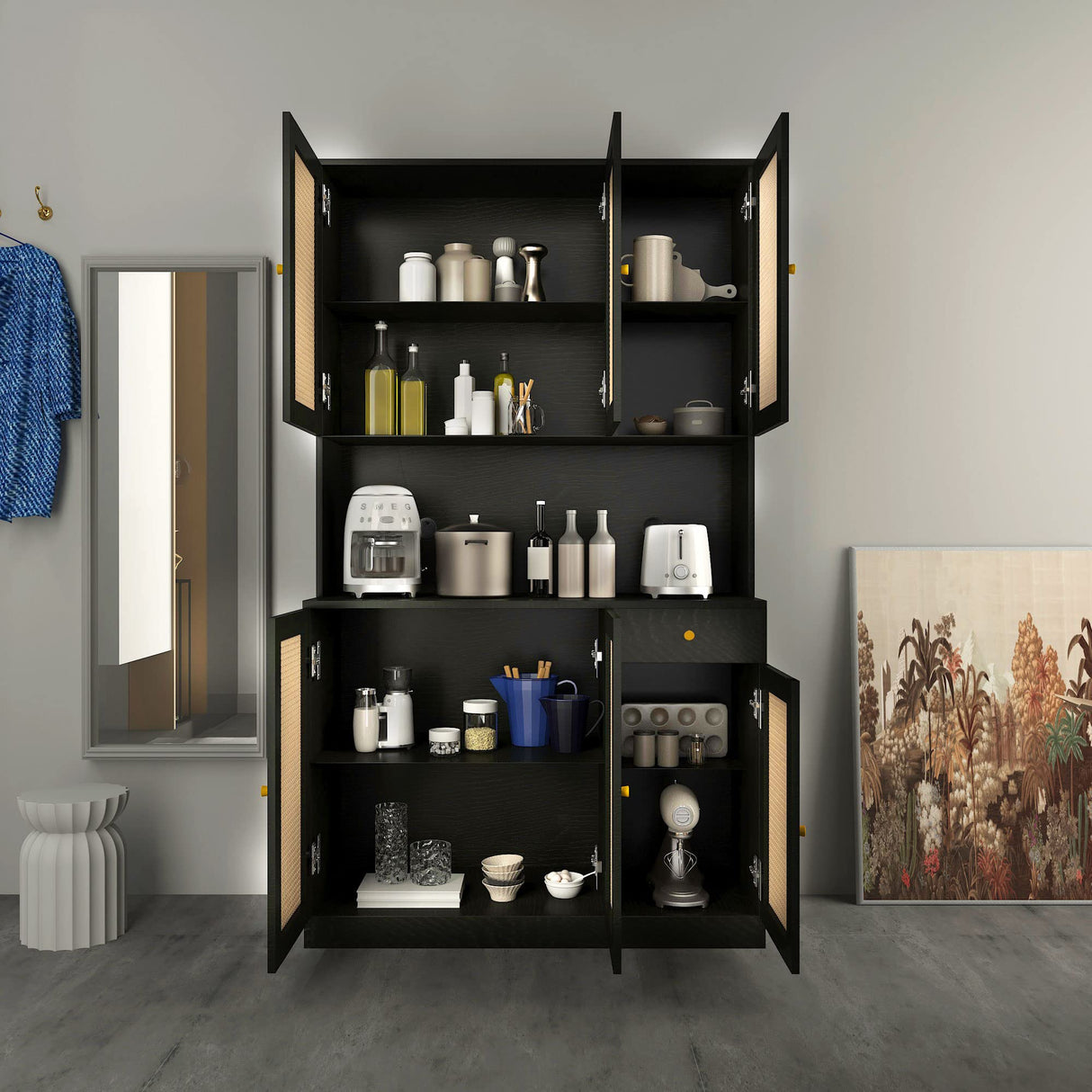 Modern Black Rattan Freestanding Kitchen Pantry Cabinet with 6 Doors & Drawer wirrytor