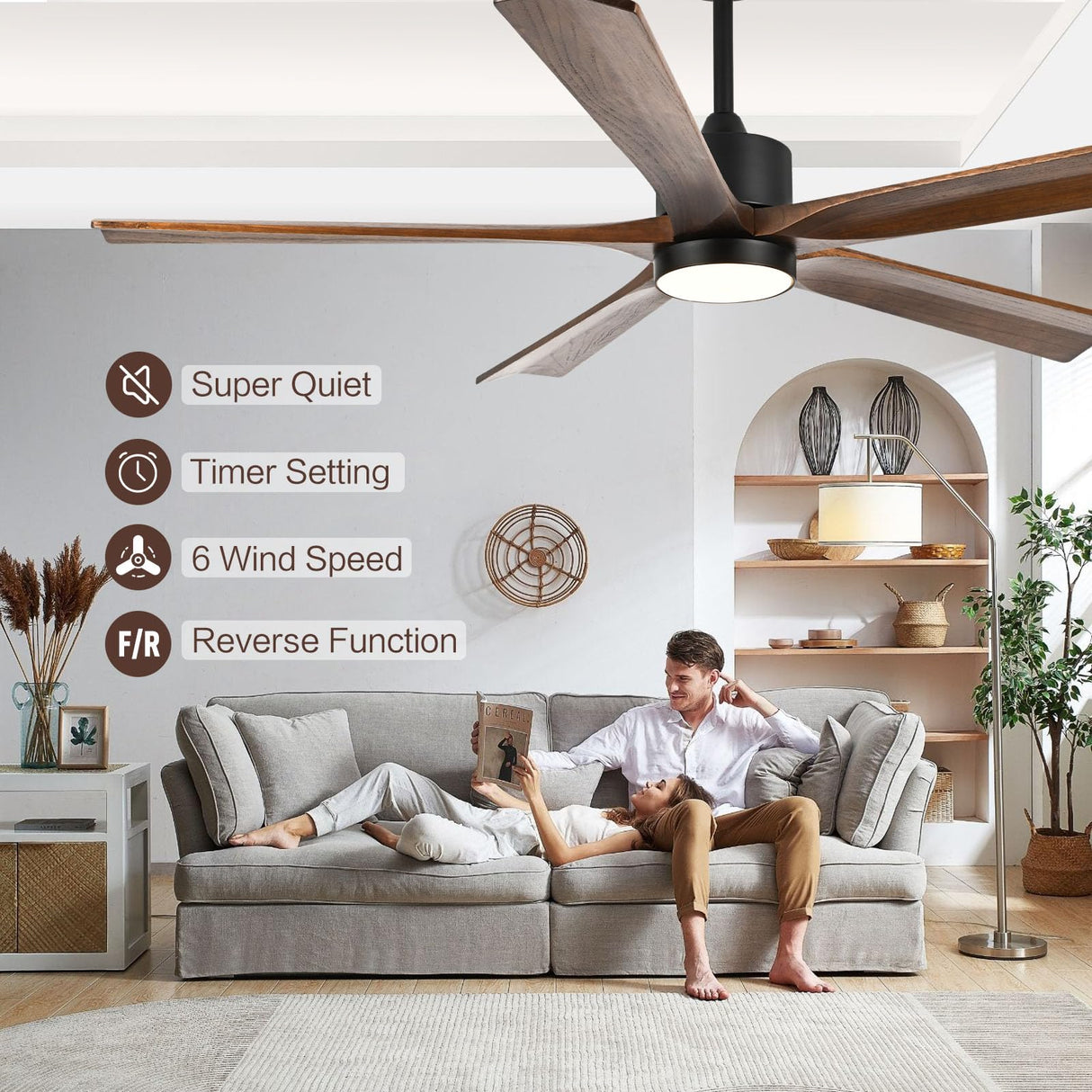 heimo 60 Inch Ceiling Fans with Lights and Remote, Wood Indoor Outdoor Ceiling Fan with Light for Patios Living Room Bedroom 5 Blades DC Motor Mid Century Modern Wooden Fan (Walnut) heimo