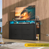 WLIVE 6 Drawer Led Dresser for Bedroom, 50.79'' Black Wood Dresser Storage Organizer with Power Outlets for 55'' TV, Dressers with Open Shelves, Hanging Rack, Chest of Drawers for Closet, Living Room WLIVE