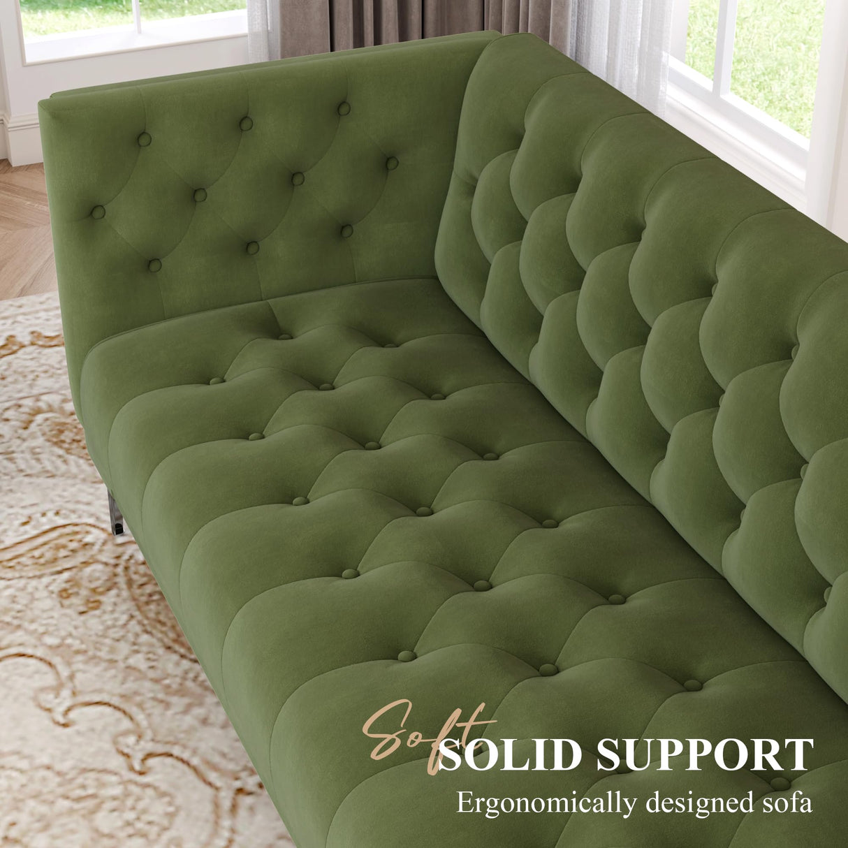 HIFIT 79" W Green Velvet Sofa Couch with 2 Pillows, 3 Seater Couches for Living Room, Handmade Button Tufted Cushions and Metal Legs, Modern Sofa for Apartment, Office HIFIT