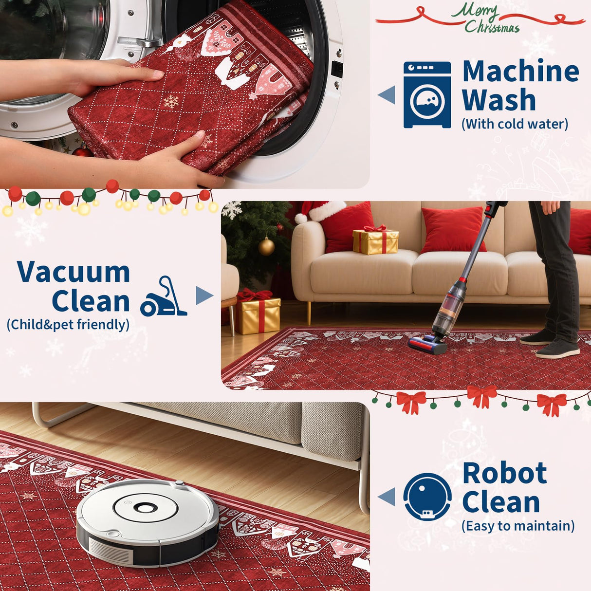 Christmas Area Rug 5x7 for Bedroom Living Room Non Slip Large Dining Room Holiday Decor Throw Carpet Washable Rugs Xmas Decoration Bordered Area Rugs Bordered Carpet for Nursery Kitchen, Red GarveeHome