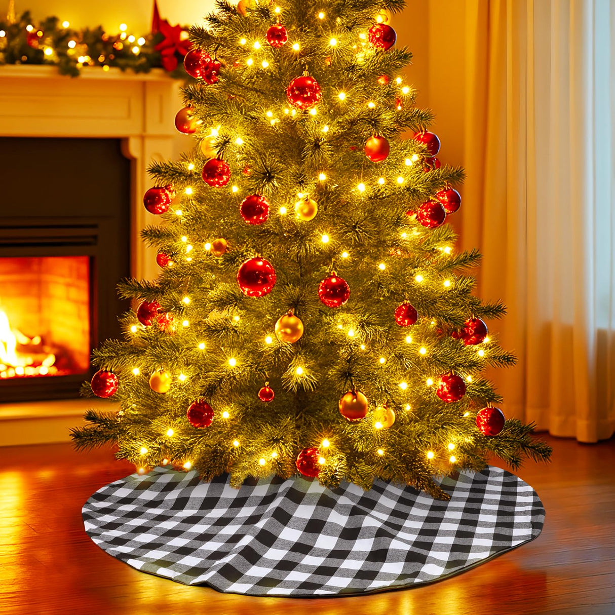 48 Inch Buffalo Plaid Christmas Tree Skirt Large Black and White Buffalo Plaid Double Layers Tree Skirt for Holiday Christmas Decorations Hxezoc