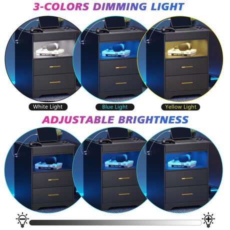 MDGC Nightstand with Lockable Gun Drawer,3 Color Dimmable LED End Table with Charging Station,Bedside Table with Auto Sensor Light,Smart Night Stand with USB-C Ports and 3 Drawers,Bedroom MDGC