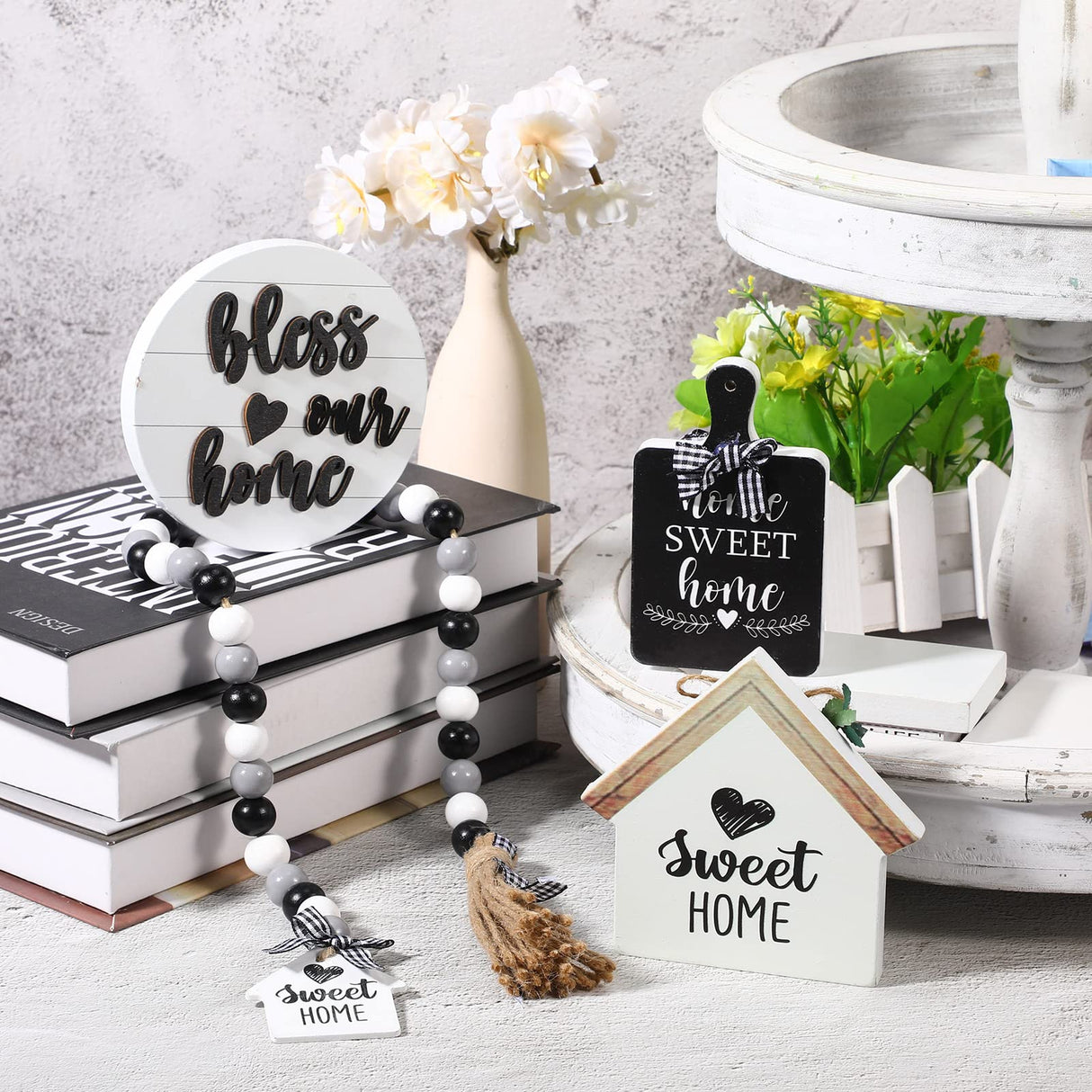 4 Pieces Farmhouse Tiered Tray Decor Set Including House Farmhouse Sign Wooden Small Items Plaid Wood Bead Garland for Home Decor(Simple Style) Yookeer