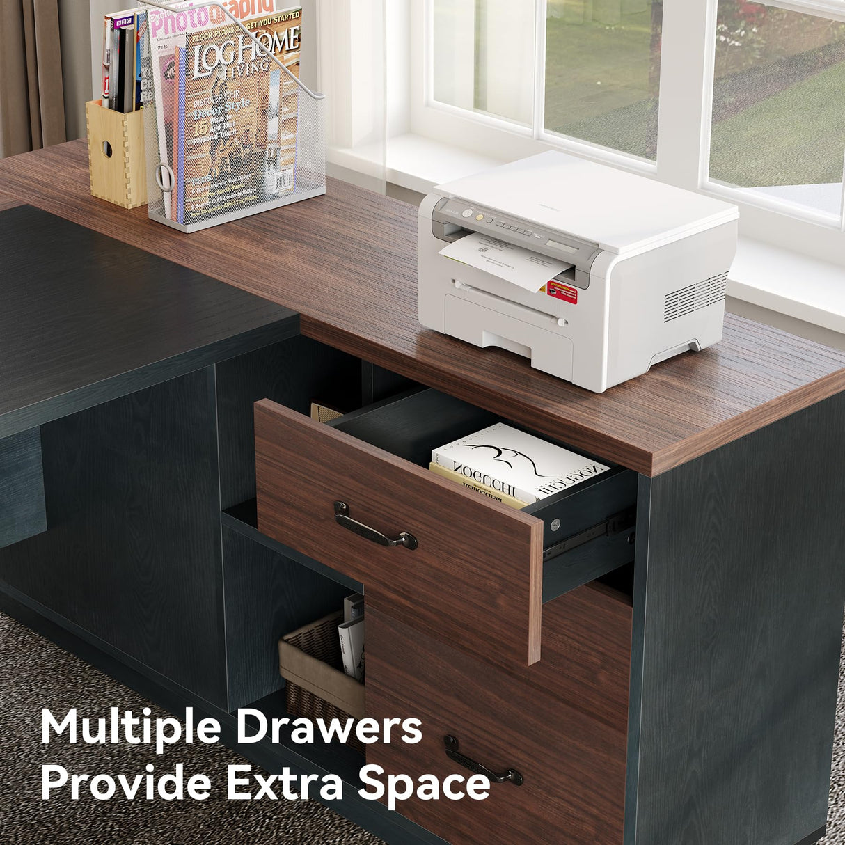 LITTLE TREE 78-Inch Executive Office Desk with File Cabinet, Large Modern Corner Office Desk for Home Office, 3-Drawer Wood File Cabinet, Spacious Workstation for Home Office (Brown & Black) LITTLE TREE