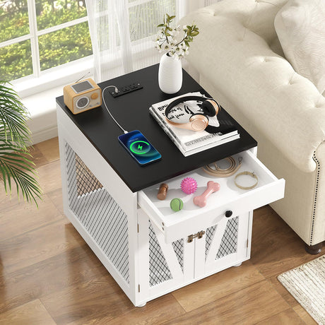 VOWNER Dog Crate Furniture, Wooden Dog Kennel End Table with USB Charging Station, Storage Drawer, Double Latched Door, Furniture-Style Crate Side Table for Small Dogs Under 25 lbs Indoor Use, White VOWNER