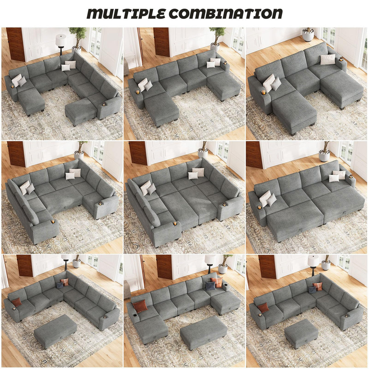 Belffin Chenille Modular Sectional Sofa Convertible L Shaped Corner Couches for Living Room with Storage Armrest with Cup Holder Light Grey Couch Belffin