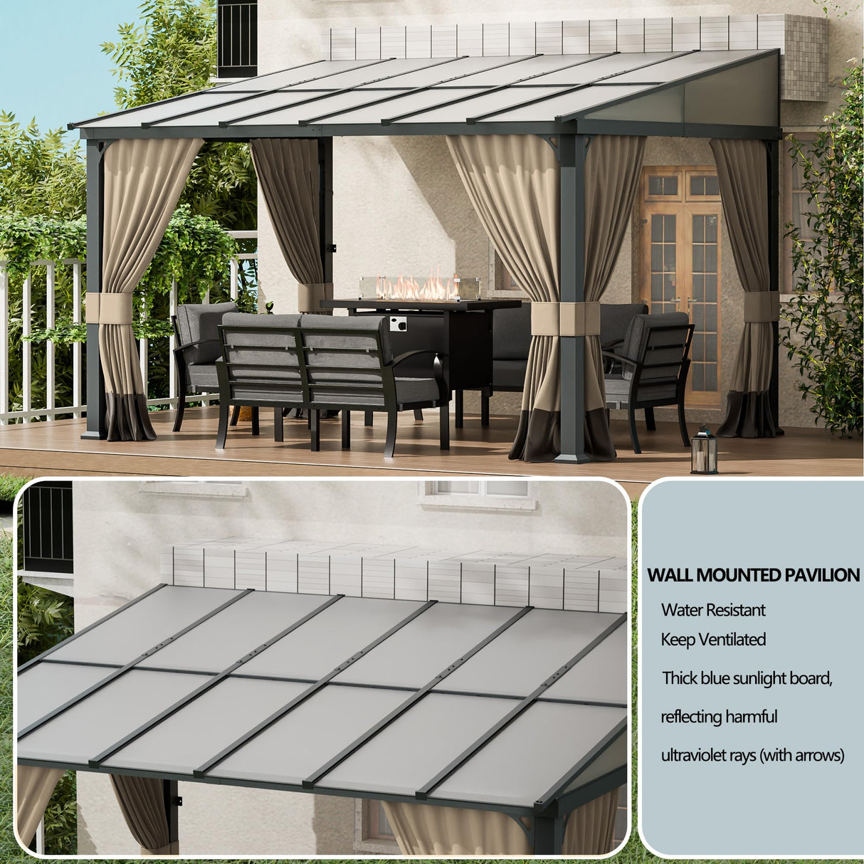 ASJMR 10x12FT Gazebo, Hardtop Wall Mounted Gazebo with Sloping Sun Panel Roof, Awnings for Patio with Metal Frame, Double Curtains for Garden, Lawn, Backyard Deck, Sand ASJMR