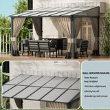 ASJMR 10x12FT Gazebo, Hardtop Wall Mounted Gazebo with Sloping Sun Panel Roof, Awnings for Patio with Metal Frame, Double Curtains for Garden, Lawn, Backyard Deck, Sand ASJMR