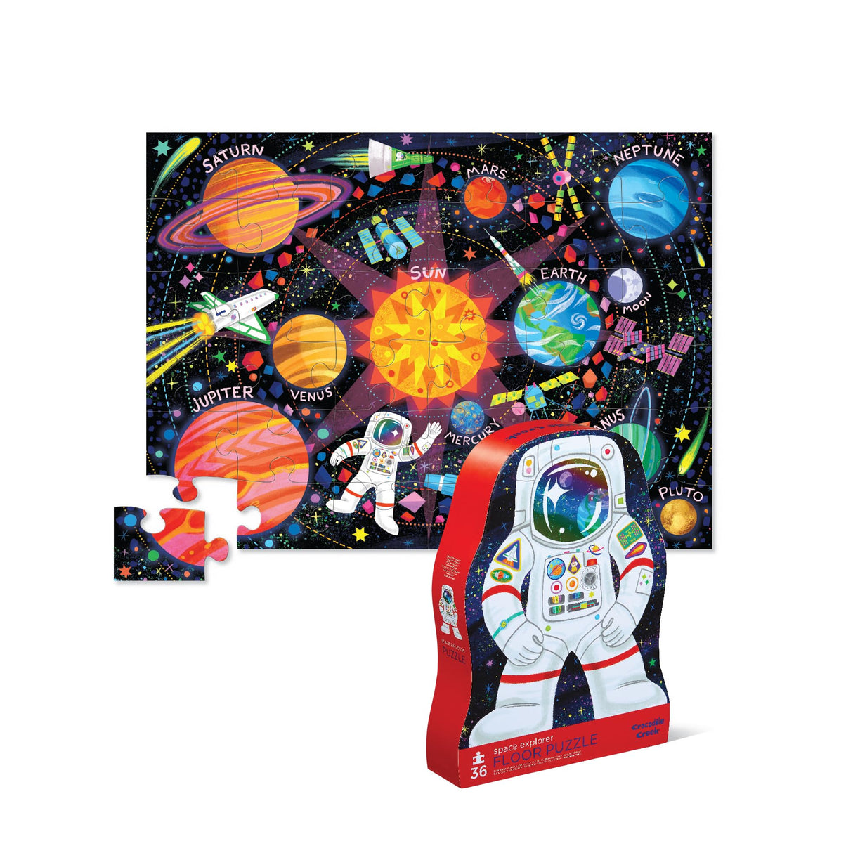 Crocodile Creek 36-Piece Jigsaw Floor Puzzle - Fun Floor Puzzles for Kids Ages 3-5 - Heavy-Duty Shaped Box for Storage - Space Explorer - 27" W x 20" H Finished Crocodile Creek
