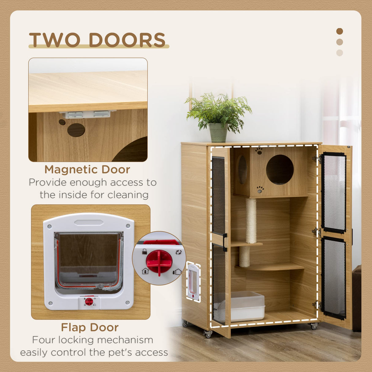 PawHut Cat House with Cat Tree Inside, Wheeled Kitty Cage for Indoor Cats with Scratching Posts, Condo, Flap Door, Cushion, Oak, 31.5" x 20" x 48.5" PawHut