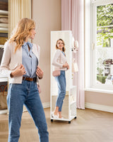 Hzuaneri 8 LEDs Jewelry Cabinet Armoire, 64.8-inch Jewelry Organizer with Garment Rack, Lockable Full-length Mirror with 4 Wheels, Storage Shelves with Hooks, 5-in-1, White and Beige JC17003BE Hzuaneri