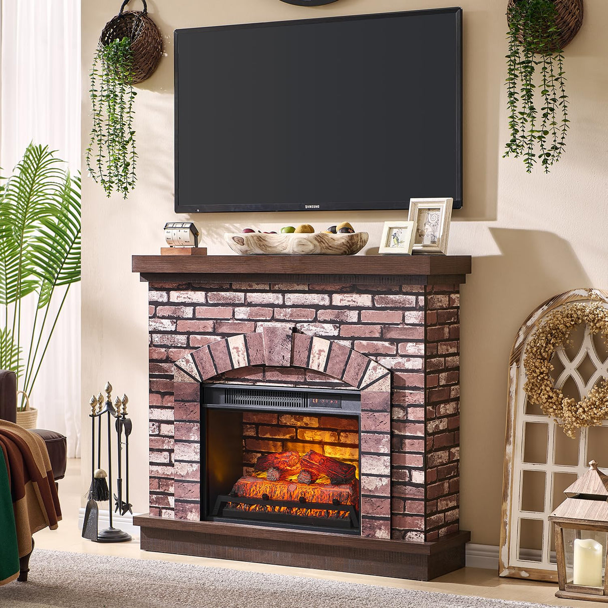 Farmhouse Electric Fireplace with Mantel, 42" Fireplace TV Stand with 23'' Freestanding Electric Fireplace Heater, Remote Control, Adjustable 3D Realistic Flame Level for Living Room, Light Brown IFBUY