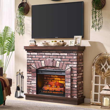 Farmhouse Electric Fireplace with Mantel, 42" Fireplace TV Stand with 23'' Freestanding Electric Fireplace Heater, Remote Control, Adjustable 3D Realistic Flame Level for Living Room, Light Brown IFBUY