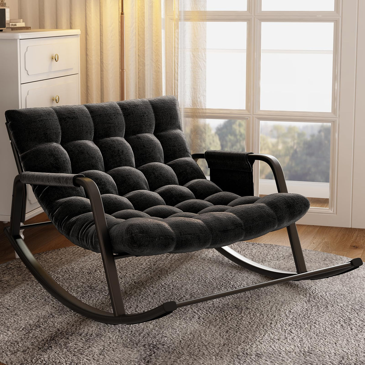 lavimiya Rocking Papasan Chair, Indoor Outdoor Patio Rocking Chairs, Double Papasan Chair with Cushion, Oversized Modern Rocker Chairs for Living Room, Bedroom, Porch, Garden Black lavimiya