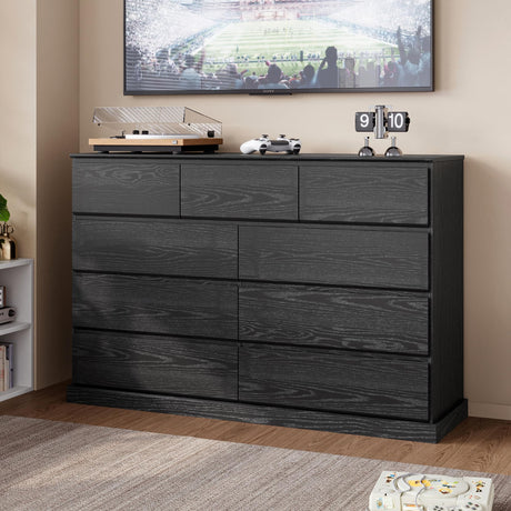 LINSY HOME 9 Drawer Dresser for Bedroom, 53" Wide Chest of Deep Drawers, Modern Farmhouse Wood Dressers with Storage, Large Drawer Organizer for Bedroom, Living Room, Handless Design, Black LINSY HOME