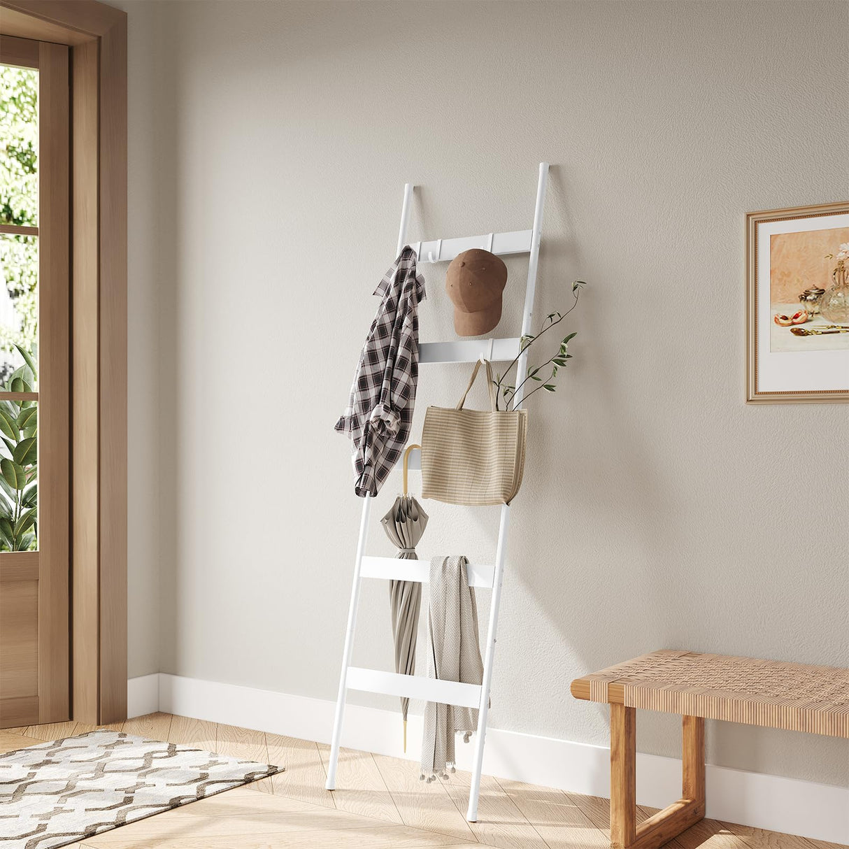 ELYKEN Blanket Ladder for Living Room, Farmhouse 5 -Tier Quilt Holder with 4 Removable Hooks for Bathroom, Wood Towel Rack Display, Wall Anchor Leaning Decorative Stand for Home Decor, White ELYKEN