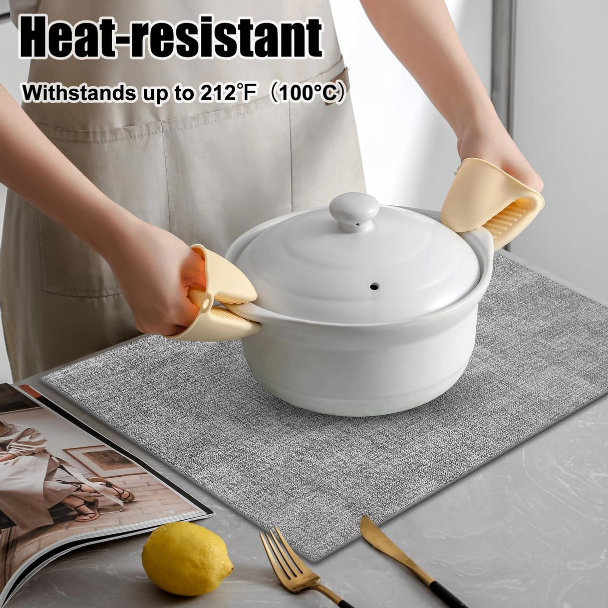 Homaxy Faux Leather Heat Resistant Placemats for Dining Table Set of 6, Waterproof Wipeable Washable PU Table Mats, Easy to Clean Anti-Slip Place Mats, 11.8" x 17", Light Grey Homaxy