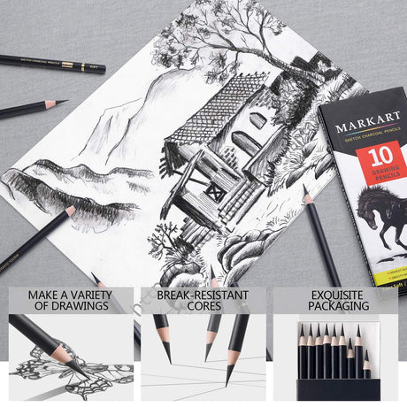 MARKART Professional Charcoal Pencils Drawing Set - 10 Pieces Soft Medium and Hard Charcoal Pencils for Drawing, Sketching, Shading MARKART