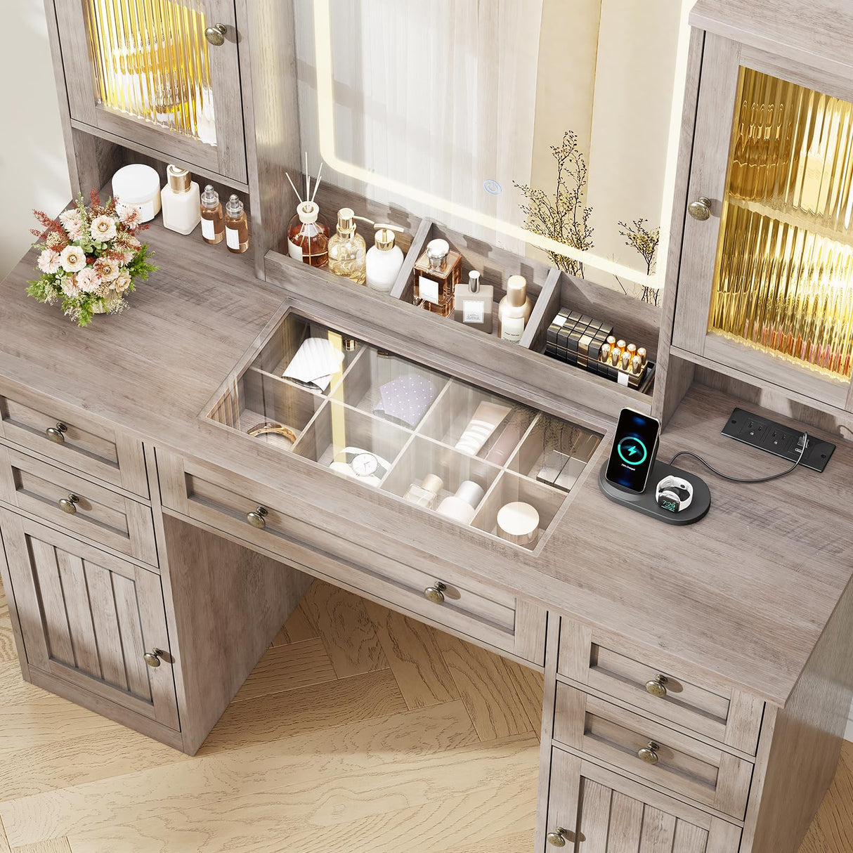 MSmask Vanity Desk with LED Mirror & 3 Color Modes, Large Makeup Vanity with 2 RGB Lights Cabinets, Glass Top Vanity Table with 5 Drawers & Power Outlet, Farmhouse Vanity, Grey MSmask