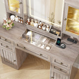 MSmask Vanity Desk with LED Mirror & 3 Color Modes, Large Makeup Vanity with 2 RGB Lights Cabinets, Glass Top Vanity Table with 5 Drawers & Power Outlet, Farmhouse Vanity, Grey MSmask