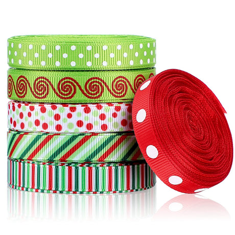 60 Yards 0.4 Inch Thin Christmas Ribbon Grosgrain Ribbon Red Green Dots Stripes Multi Rolled Xmas Gift Ribbon for Gift Wrapping Holiday Decoration DIY Crafts Christmas Ornaments Jetec