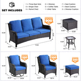 ovios Outdoor Furniture Set 10 Pieces Patio Conversation Set Rocking Swivel Chairs All Weather Rattan Wicker Sofa Couch for Backyard Porch Deck, Brown Wicker, Navy Blue ovios