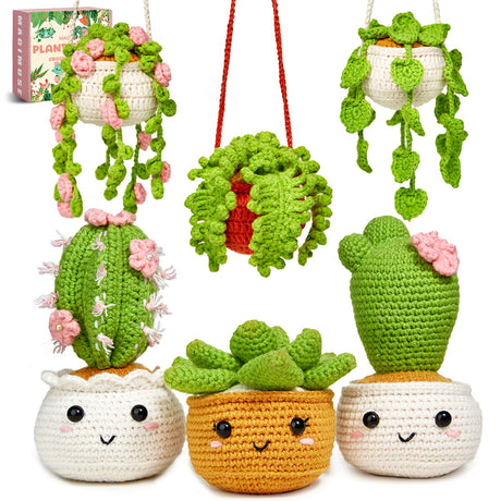 MAGIMUSE Crochet Kit for Beginners, Crochet Starter Kits, Amigurumi Craft Knitting Crocheting Kits with Step-by-Step Video Tutorials, 6 Pack Hanging Potted Plants Family(40%+ Yarn MAGIMUSE
