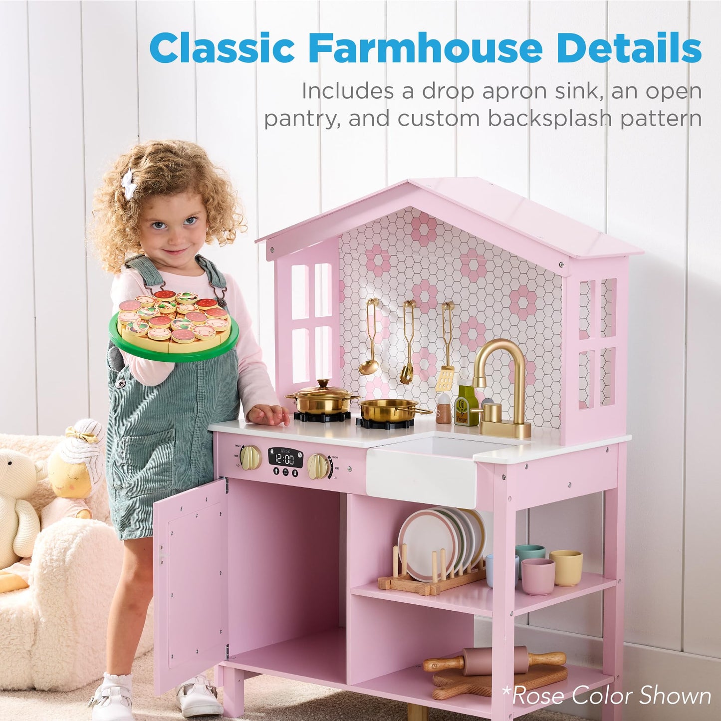 Best Choice Products Pretend Play Wooden Farmhouse Kitchen Set for Kids w/ Toy Storage, Clicking Knobs, Windows, 5 Accessories Included - Sage