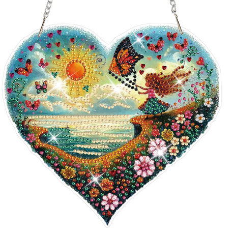 HEIBAGO Diamond Art Hanging Kits for Adults Kids, Hanging Diamond Art Beach Heart Shape, 5D Special Shaped Crystal Diamond Painting Kit, DIY Pattern Window Pendant for Home Wall Decor 8.3x8.3Inch HEIBAGO