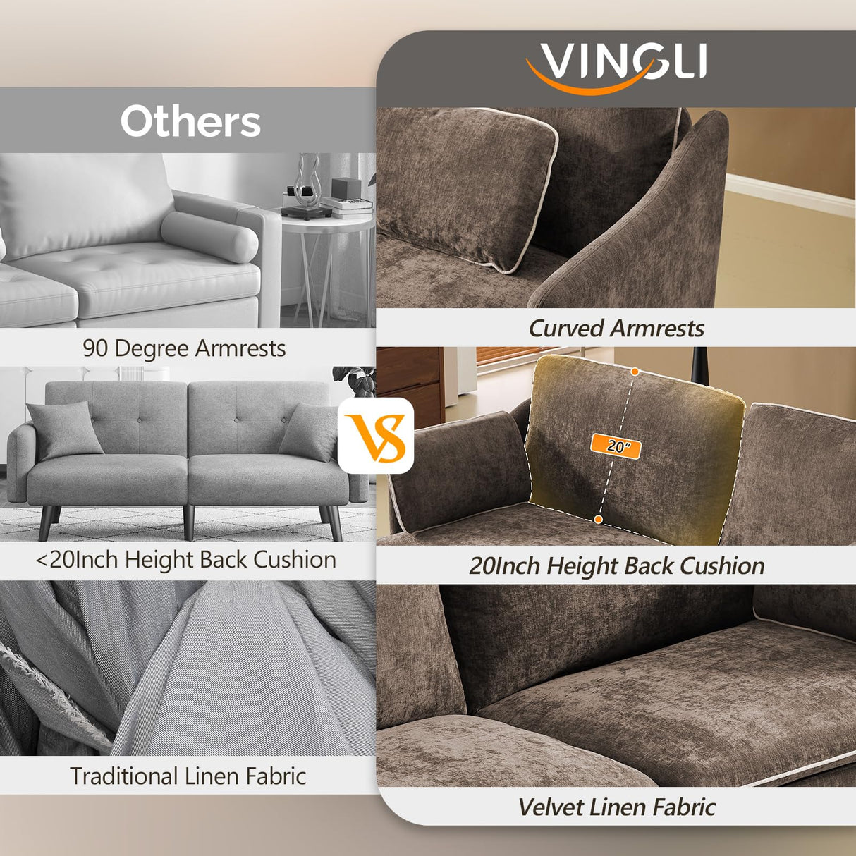 VINGLI 84" Oversized Comfy Two Seat Love Seat, 37" Extra Deep Seat Piping Design Loveseat Couch with Two Pillows, Linen Fabric Modern Small Sofa for Small Living Room, Bedroom, Brown VINGLI