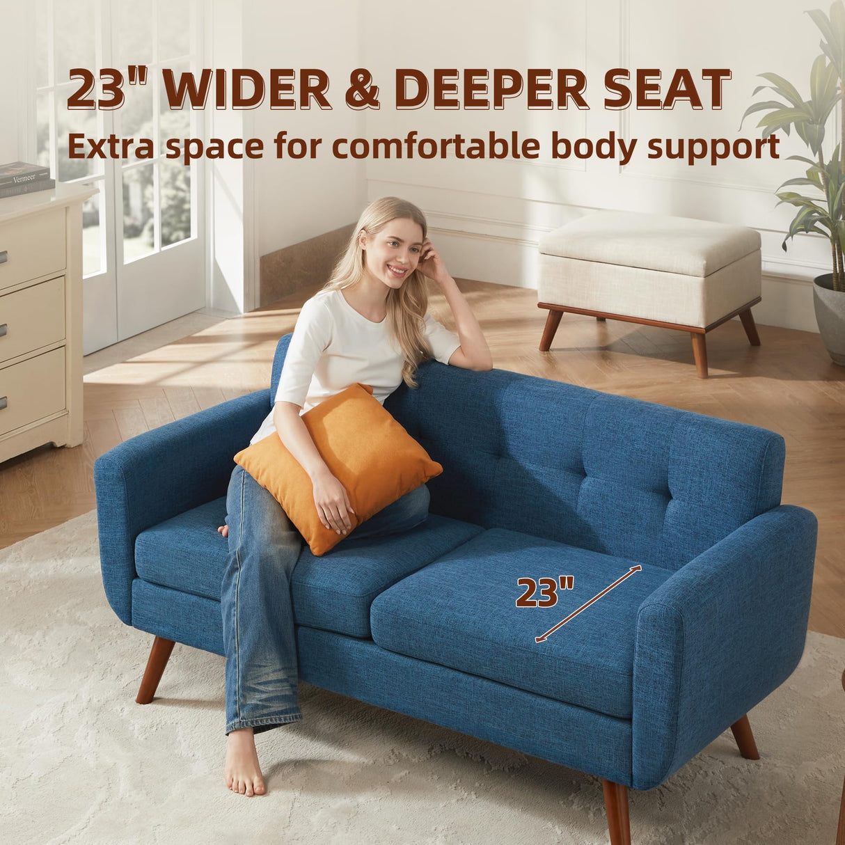 Tbfit 65" W Loveseat Sofa, Mid Century Modern Decor Love Seat Sofas and Couches for Living Room, Button Tufted Upholstered Small Couch for Bedroom, Solid and Easy to Install Love Seats Furniture, Blue Tbfit