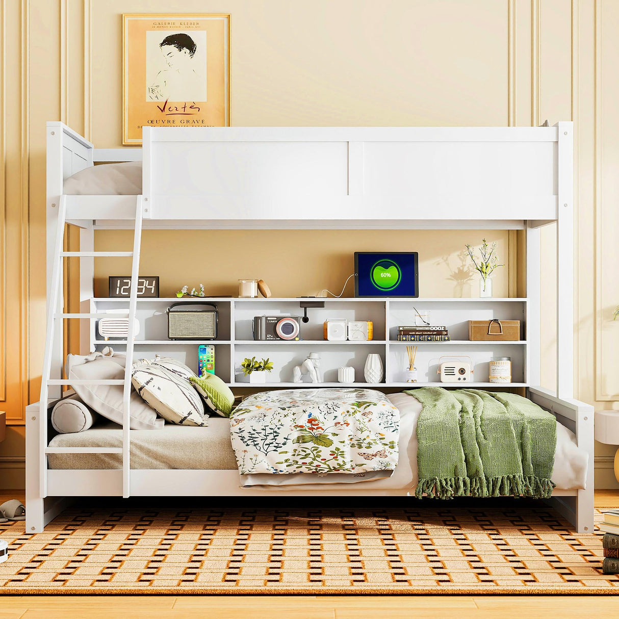 Modern Twin XL Over Queen Bunk Bed with Storage Cabinets and USB Ports,for Kids Teens Adults Bedroom Use (Antique White#x, Twin XL Over Queen) KLMM