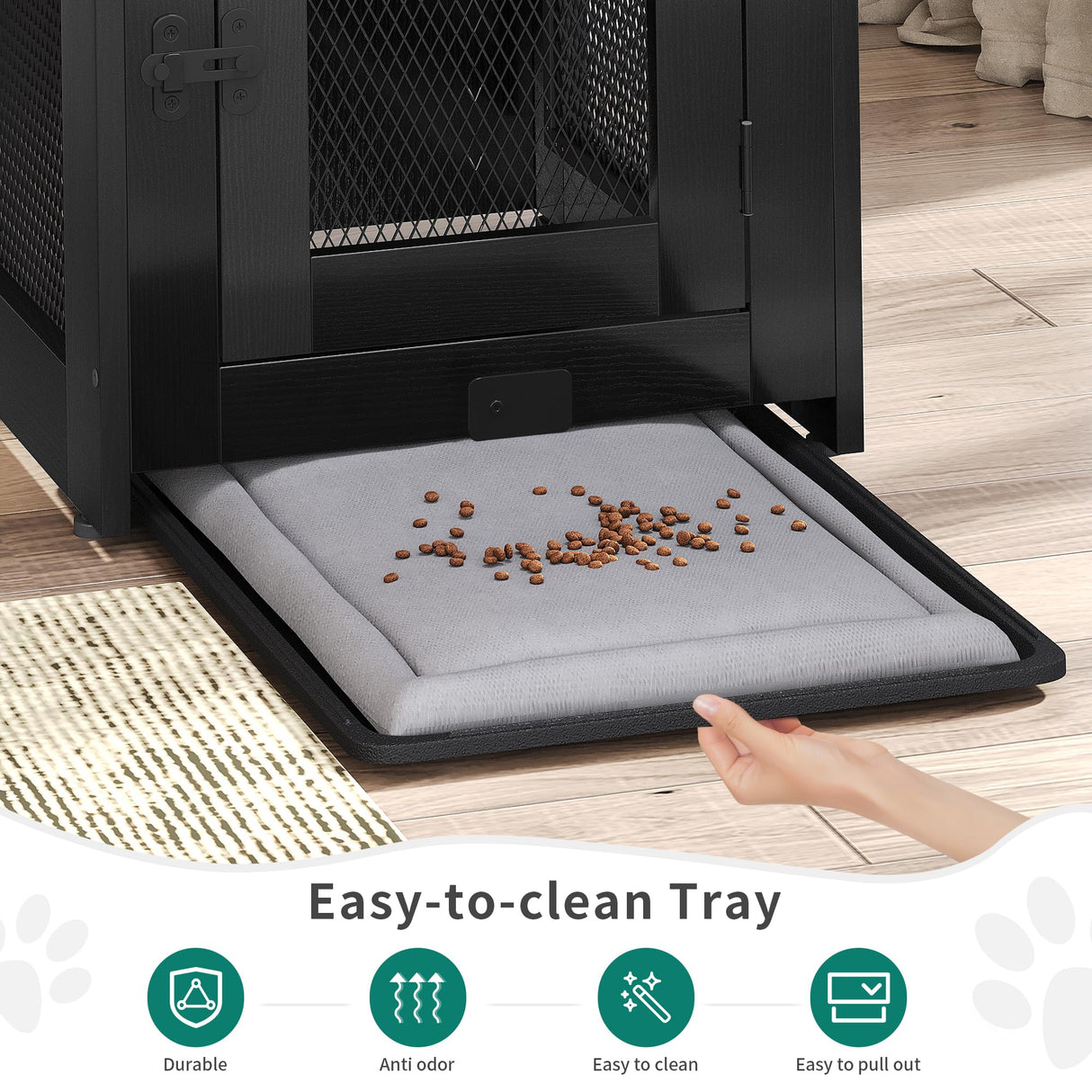 DWVO Dog Kennel Furniture with Dual USB Charger, Dog Crate End Table with Tray, Wooden Dog Crate Furniture with Cushion for Small Dogs, Black DWVO