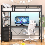 YOEEMZ Loft Bed Twin Size with L-Shaped Desk, LED Lights, Charging Station, Metal Loft Bed Frame with Storage Shelves, Pegboards and 3 Drawers, High Safety Guard, Widened Ladder, No Box Spring Needed YOEEMZ