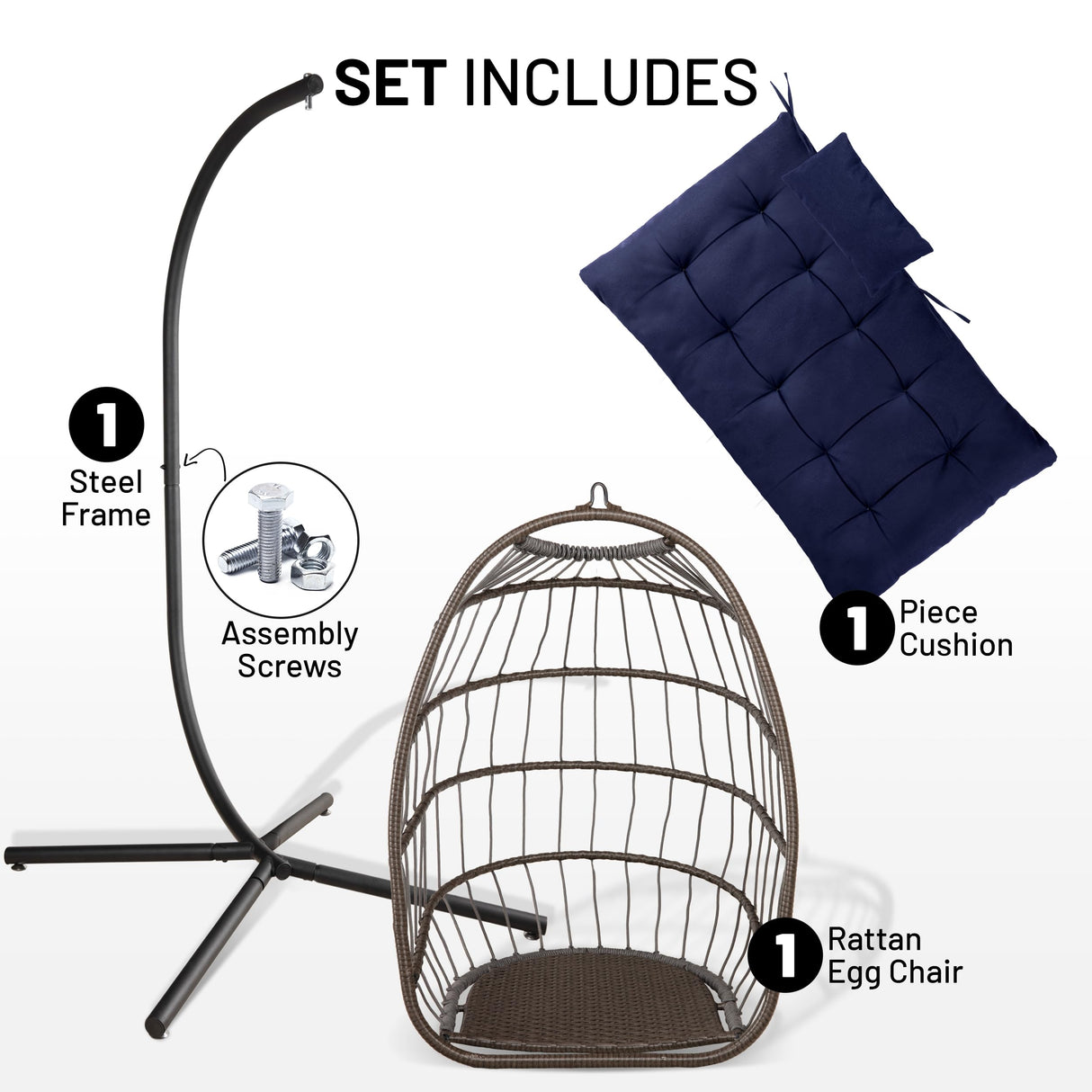 SereneLife Foldable Hanging Egg Swing – Deep Blue Rattan Wicker Chair with Stand, Waterproof Seat Cushion & Headrest, 350 lbs. Capacity – Indoor Outdoor Hammock Chair for Patio, Porch & Garden SereneLife