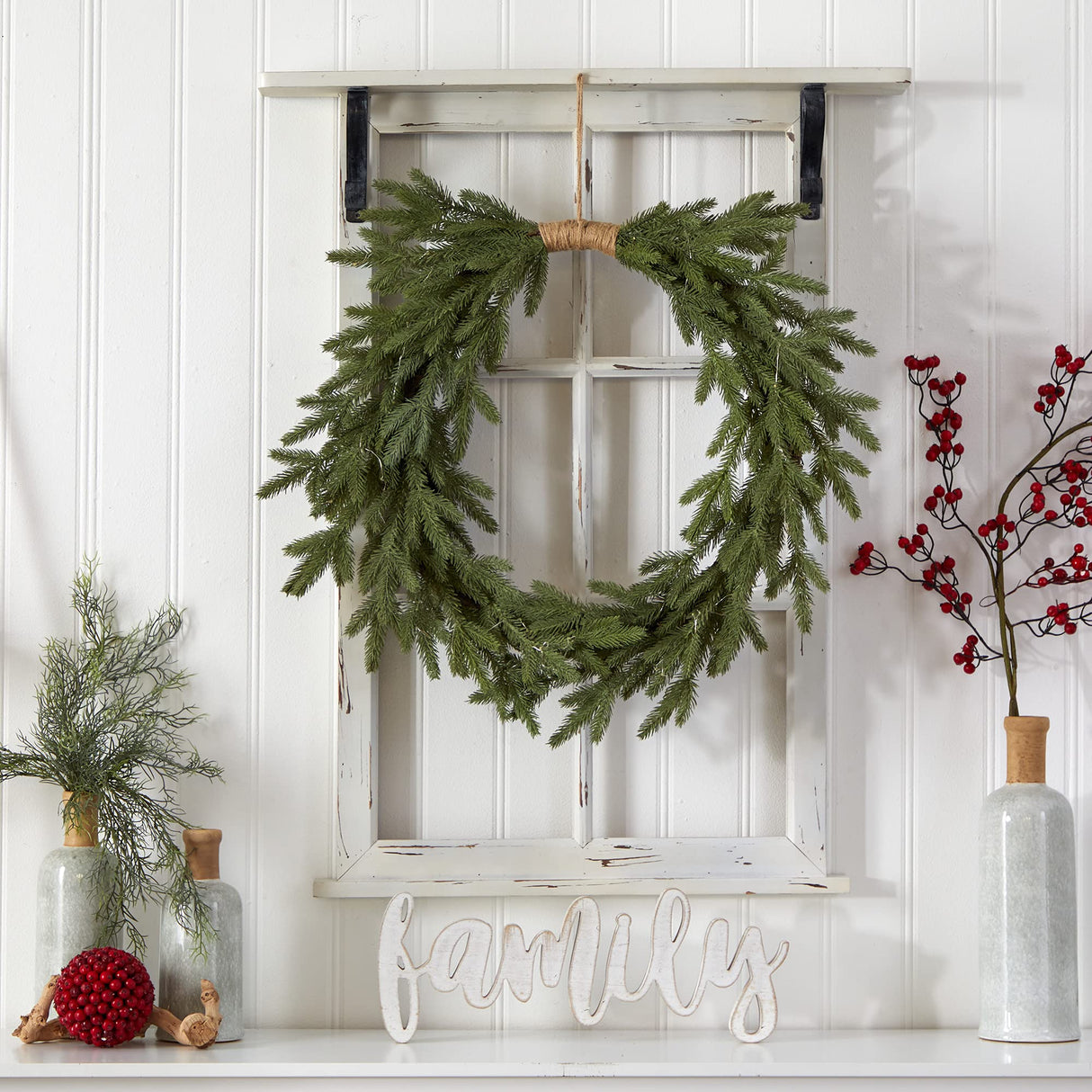 Nearly Natural 24in. Holiday Christmas Pre-Lit Cascading Pine Artificial Wreath Nearly Natural