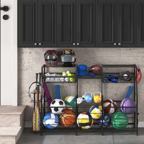 LUMAMU Small Garage Sports Equipment Organizer,Ball Storage Rack with Elastic Rope,Garage Organizer System, Indoor/Outdoor Shelf Rack for Sports Gear and Toys Storage LUMAMU